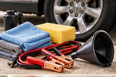 Car cleaning cloths, sponge, jumper cables and funnel