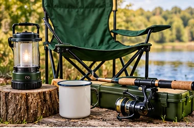 Camping chair, lantern, fishing rod and enamel mug beside a lake