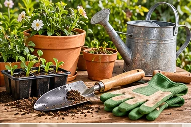 Terracotta pots, seedlings, watering can, trowel and gloves