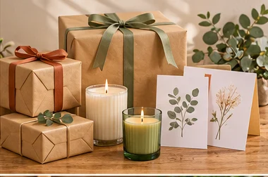Wrapped gifts, candles, ribbons and greeting cards