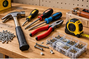 Hammer, screwdrivers, pliers, tape measure and fixings