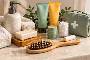 Toiletries, soap, hairbrush and first aid pouch