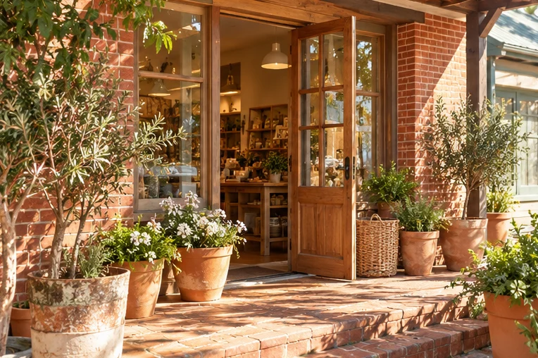 AI-generated illustration of a heritage brick shop entrance with potted plants
