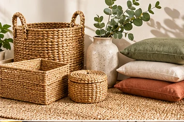 Woven baskets, cushions and a ceramic vase