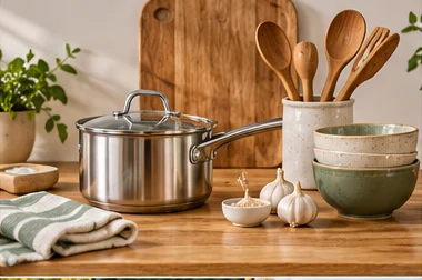 Saucepan, bowls, chopping board and wooden utensils