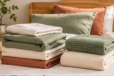 Folded bed linen, towels and pillows in soft earthy colours