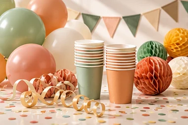 Balloons, bunting, paper cups and party decorations