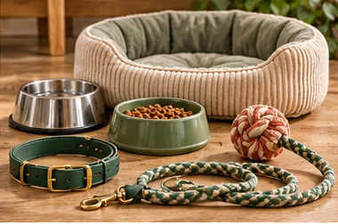 Pet bed, bowls, collar, lead and rope toy