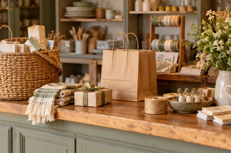 Illustrative shop counter with shopping bags, gifts and a woven basket