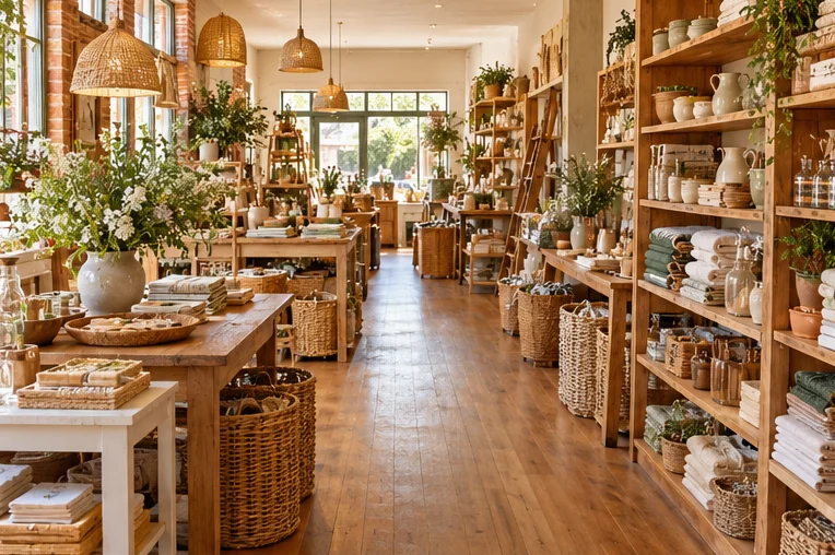 AI-generated illustration of a warm shop aisle with household goods and woven baskets