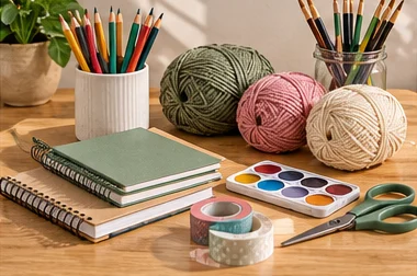Pencils, notebooks, yarn, paint brushes and scissors