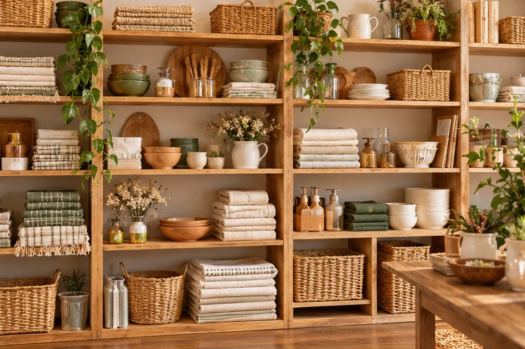 Illustrative shelves of baskets, folded linen and ceramics