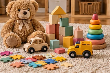 Teddy bear, wooden blocks, toy cars and puzzle pieces