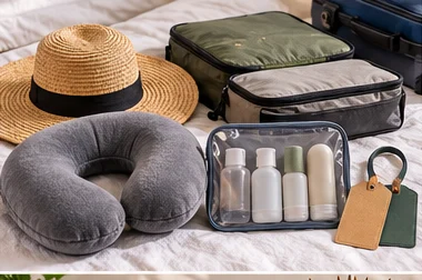 Neck pillow, sunhat, packing cubes and travel bottles