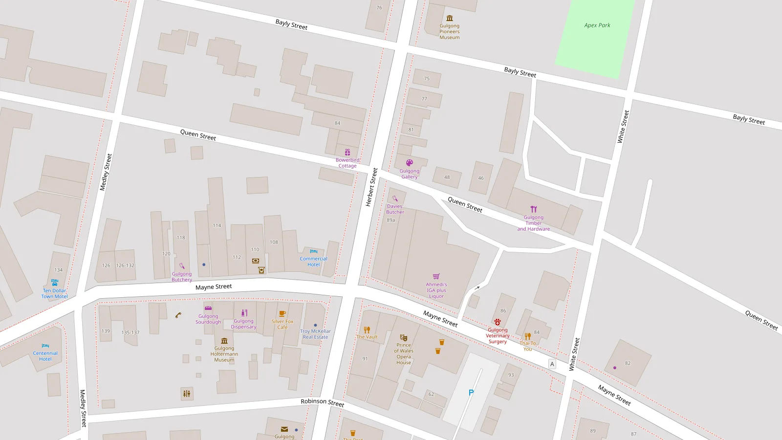 Map of central Gulgong showing Stacks Down Under at 89a Herbert Street, Gulgong NSW 2852, on Herbert Street beside the IGA.